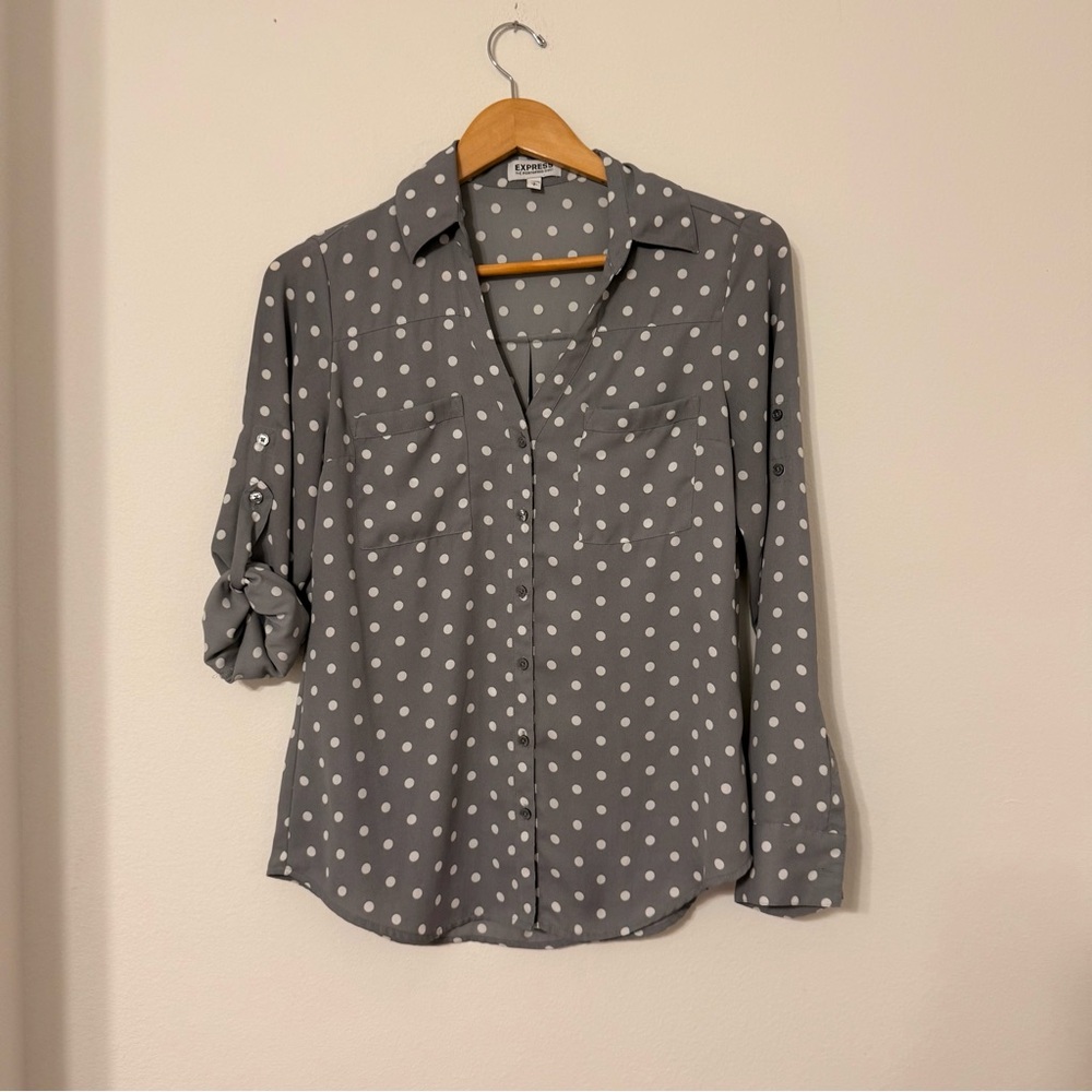 Express Portofino Shirt Small Gray White Polka Dot Button Front Blouse - Picture 4 of 9
